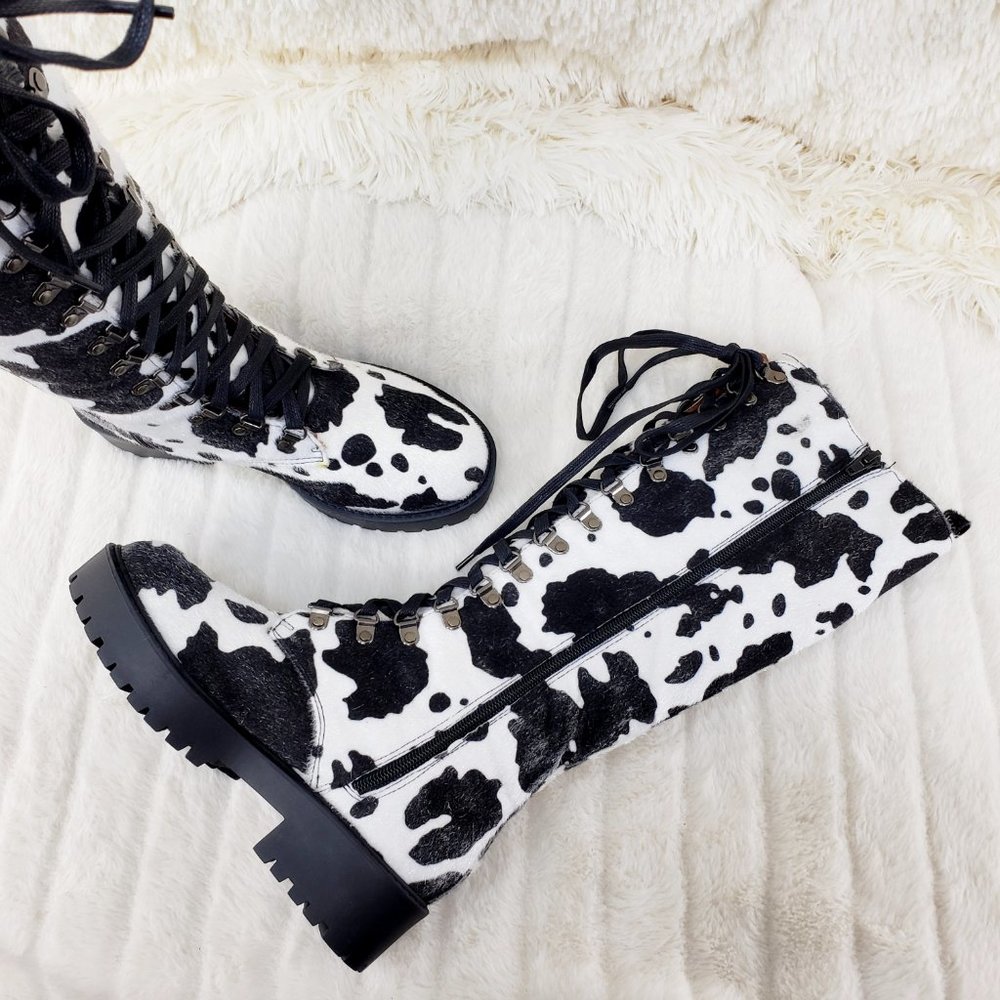 Savage Cow Combat Lace Up Knee Boots Faux Cow Print Brand New - Picture 4 of 17